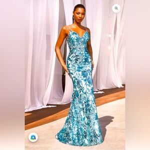 NWT Cinderella Divine -CM350 Fitted V-Neck Sequin Dress 8 / SEA MIST